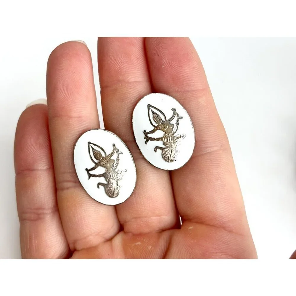 Siam Sterling White Dancing Angel Oval Vintage Men's Sterling Silver Cufflinks